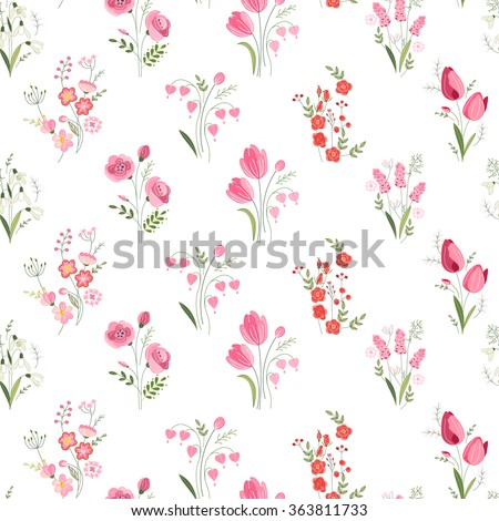 Seamless pattern with stylized cute flowers - roses, tulips and snowdrops.  Endless texture for your design, greeting cards, announcements, posters.