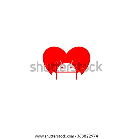 Isolated vector red heart with operational system sign inside logo. Connection emblem. Gift packaging. St. Valentines Day greeting box. Festive image..Device support illustration. Android technology.
