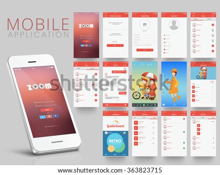 Different UI, UX, GUI screens and flat web icons for mobile apps, responsive website including Create Profile, Verify Contact Details, Chat, Video, Leader Boards, Files Sharing and Uploading Screens.  Royalty-Free Stock Photo #363823715