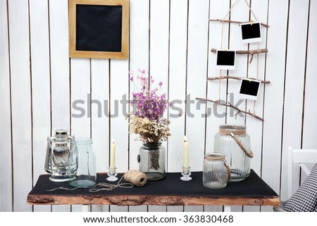 Modern workplace for designer in rustic style, on brick wall background