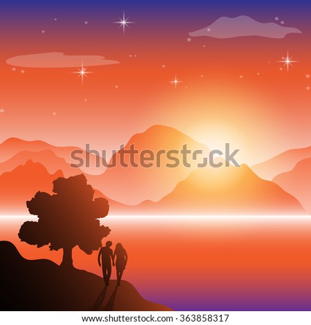 man and woman Winter landscape  light & light star Night background. Vector illustration