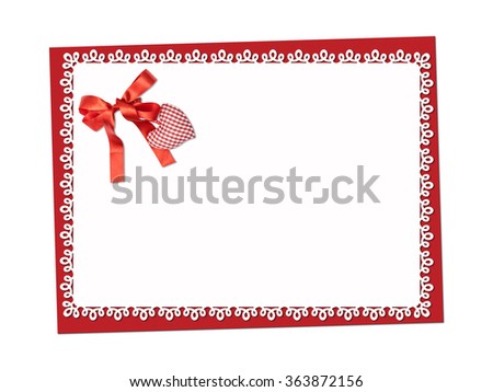 Holiday delicate, lacy card. St. Valentines day. Confess his love,  declaration of love, Invitation, decorated plaid fabric heart and bow. Isolated on the white.