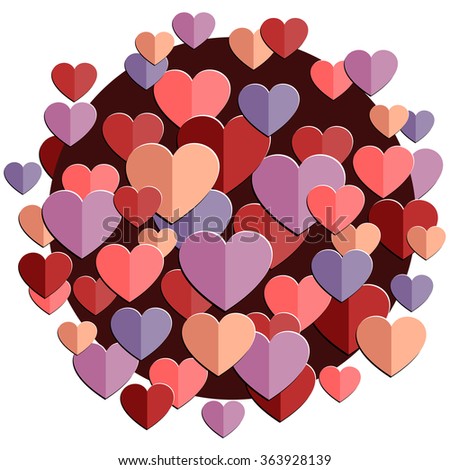 Planet of Love. Romantic background. Red. pink, purple paper hearts vector illustration.