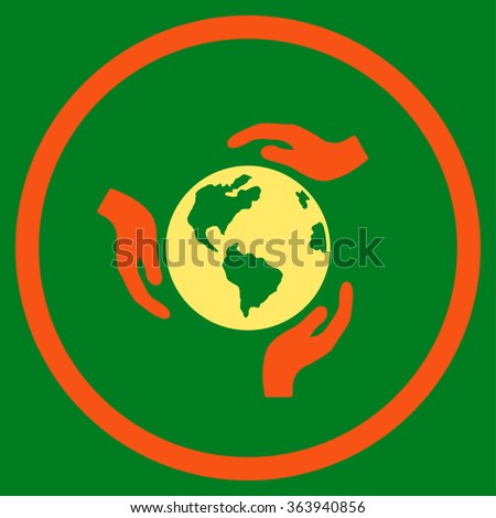 Earth Protection vector icon. Style is bicolor flat circled symbol, orange and yellow colors, rounded angles, green background.