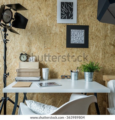 Modern atelier of young photographer - vertical view