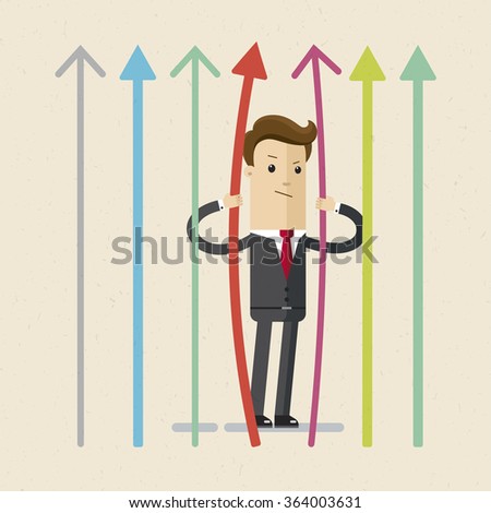  Business and sanctions. A man in a suit stands behind a fence in the form of arrows. Illustration, vector EPS 10