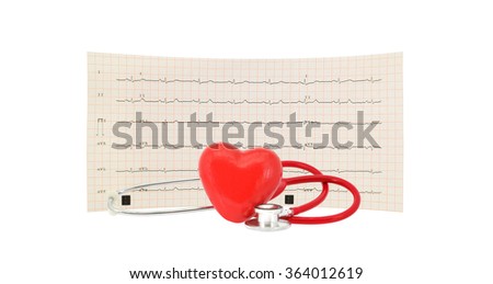 Electrocardiogram red heart stethoscope isolated on white background