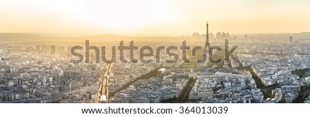Panoramic colorful sunset of the eiffel tower in paris, france with the sun in the picture