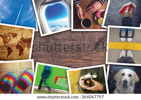 Urban youth lifestyle photo collage, various young adult way of life themed pictures on wooden desk.