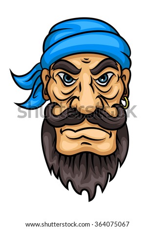 Dangerous cartoon pirate sailor or captain with curly black moustache and beard, blue bandanna and gold earring. Marine adventure, travel, mascot or piracy theme design Royalty-Free Stock Photo #364075067