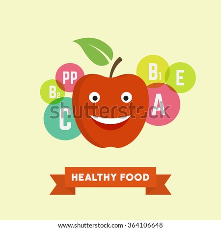 Funny cartoon smiling apple with vitamins flying bubbles colorful vector illustration in flat style, healthy food apple character face design element for your infographic