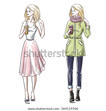 Fashion illustration. Winter and summer look. Street style. 