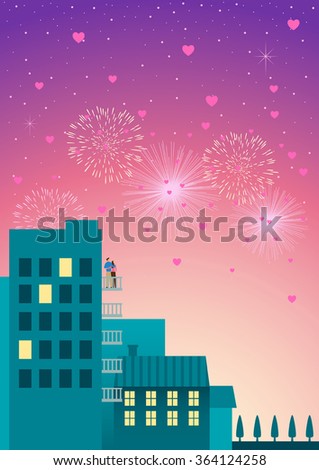 Beautiful simple graphic of a couple watching fireworks at hotel or apartment balcony with hearts shape on the air