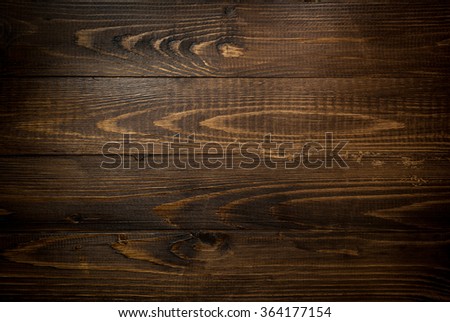Closeup texture of old dark wooden planks. Horizontal background with vignetting