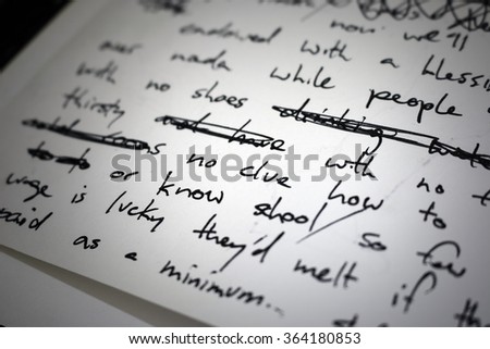 Lyrics written in ink on paper, closeup/focus on the words "no clue" Royalty-Free Stock Photo #364180853