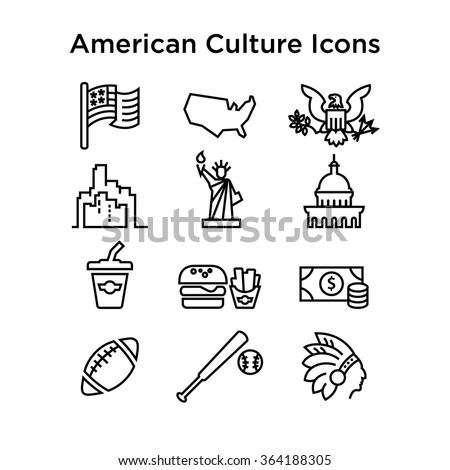 American Culture Icons, Culture Signs of the USA, Traditions of America, US Life, National Objects of USA, Black Line Icons, BlackStroke Icons, American Culture Line Black Icons