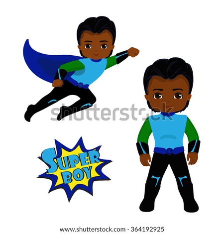 Cute Boy superhero in flight and in standing position. Illustration on white background