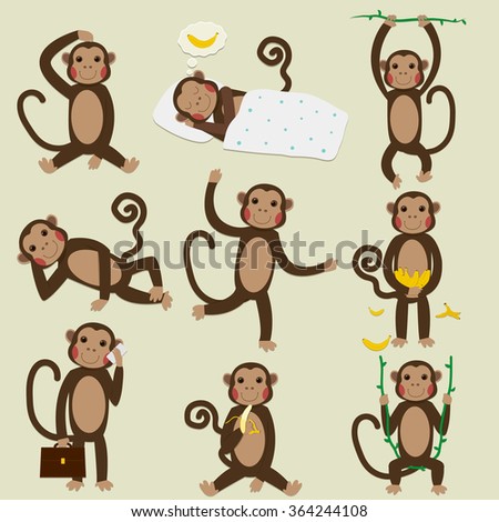 Set of Chinese Zodiac - Monkeys. Vector illustration. 2016 New Year Symbol. 