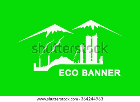  Vector eco banner. Metallic constructions of plant. Snowy peaks of mountains behind.