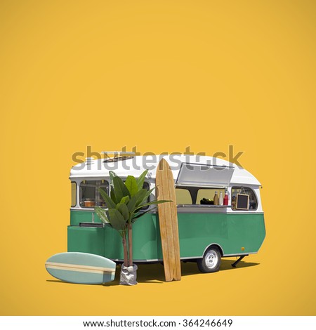 Turquoise fast food truck caravan isolated with clipping path on yellow background Royalty-Free Stock Photo #364246649