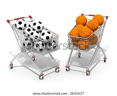 Two shopping cart filled by football and basketball ball