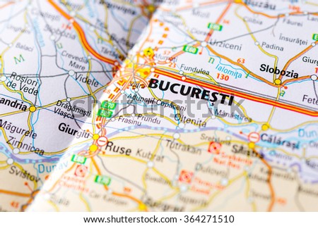 Macro view of Bucharest, Romania on map.