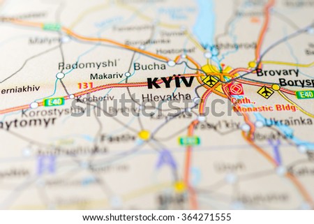 Macro view of Kiev, Ukraine on map. Royalty-Free Stock Photo #364271555