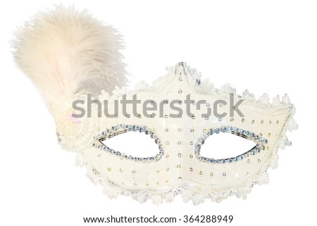White carnival mask decorations isolated background front view feather