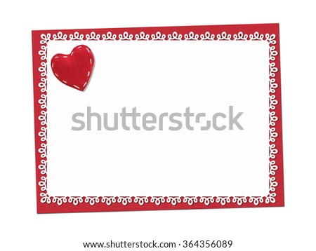 Holiday delicate, lacy card. St. Valentines day. Confess his love,  declaration of love, Invitation, decorated red fabric heart. Isolated on the white.