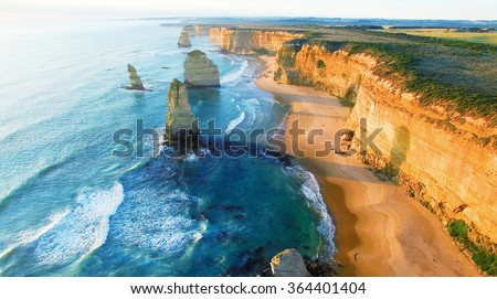 Beautiful aerial view of Twelve Apostles along Victoria coast, Australia. Royalty-Free Stock Photo #364401404