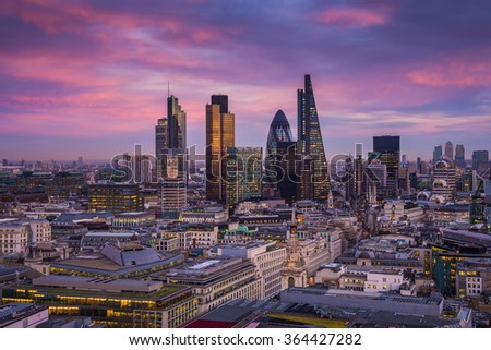 Bank district of central London at magic hour after sunset with office buildings and beautiful sky - England, UK