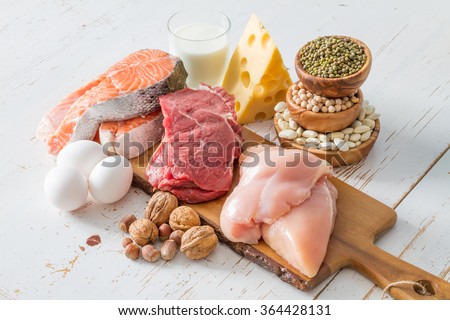 Selection of protein sources in kitchen background, copy space Royalty-Free Stock Photo #364428131