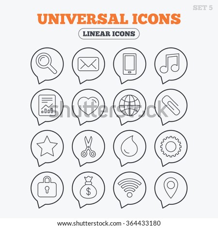 Universal icons. Smartphone, mail and musical note. Heart, globe and share symbols. Paperclip, scissors and water drop. Linear icons in speech bubbles.