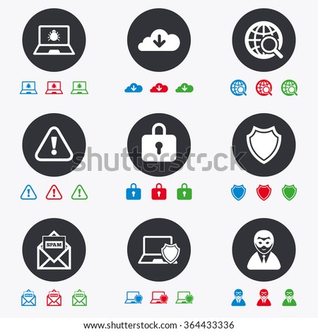 Internet privacy icons. Cyber crime signs. Virus, spam e-mail and anonymous user symbols. Flat circle buttons with icons.