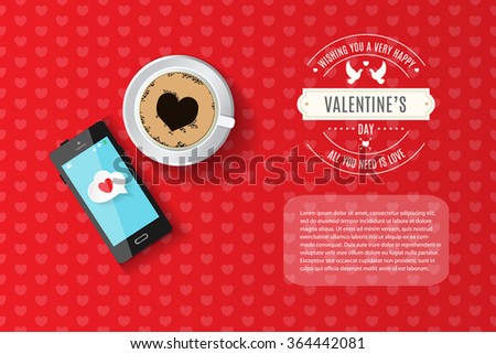 Valentine's day card, flyer, brochure, menu template. Vector illustration. Coffee cup with foam forming a heart shape with a smart phone  on seamless  heart pattern with headline and sample text.