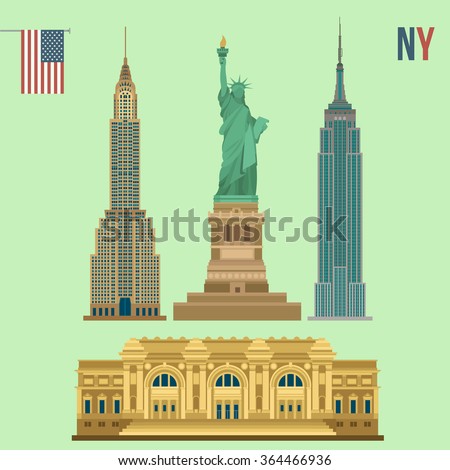 Set of New York Famous Buildings: Statue of Liberty, Metropolitan Museum of Art, Empire State Building, Chrysler. Vector illustration Royalty-Free Stock Photo #364466936