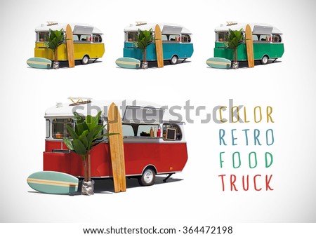 Set of color retro food trucks caravan with cutting path Royalty-Free Stock Photo #364472198