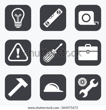 Repair, construction icons. Engineering, helmet and screwdriver signs. Lamp, electricity and attention symbols. Flat square buttons with rounded corners.