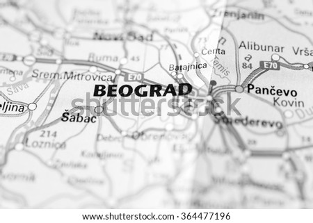 Macro view of Belgrade, Serbia on map.