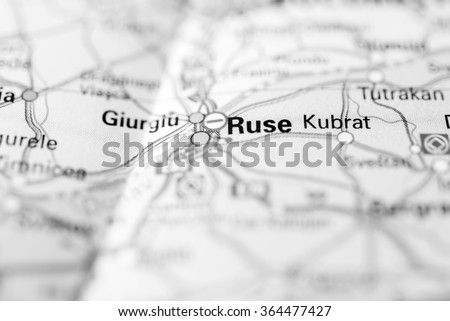 Macro view of Ruse, Bulgaria on map.