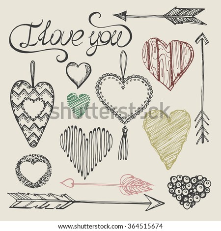 Set from archers and the hearts made of different materials - from wood, from fabric, drawn from lines and shadings.With an inscription by hand - "I love you".Devoted to St. Valentine's Day. Vector.