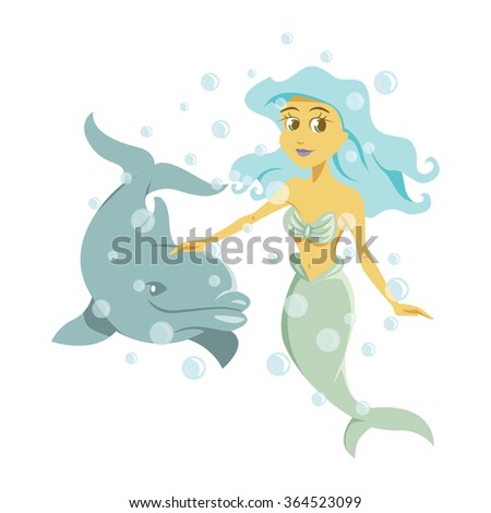 Mermaid and Dolphin Vector Illustration Fantasy Cartoon Character