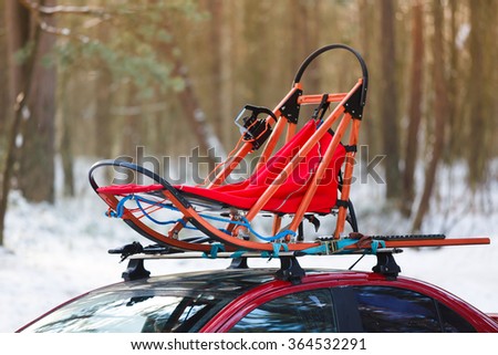 Sledges for dog sleds on a roof of car in forest