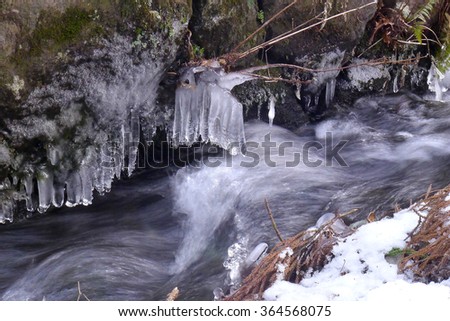 small water stream motion in frozen ice, frost icy snow in winter season