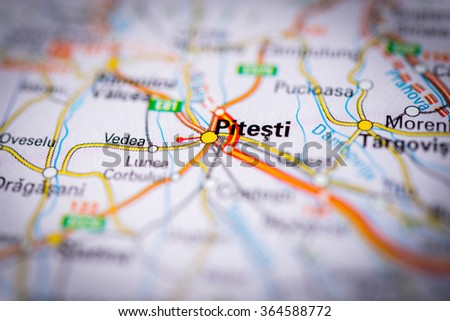 Macro view of Pitesti, Romania, on map. (vignette) Royalty-Free Stock Photo #364588772