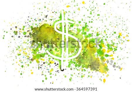 Abstract dollar sign and splashes of watercolor on white background