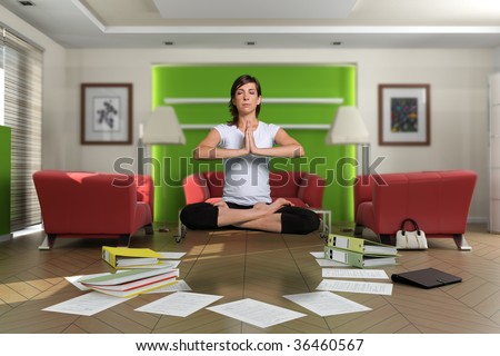 Woman levitation in the middle of a chaotic living room with documents spread on the floor. The images on the pictures on the wall are mine, so no copyright issue.