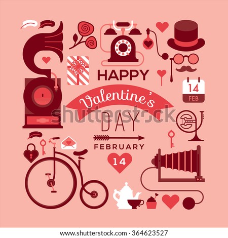 Romantic postcard with valentine's day symbols and silhouettes. Text composition with illustration in retro style.