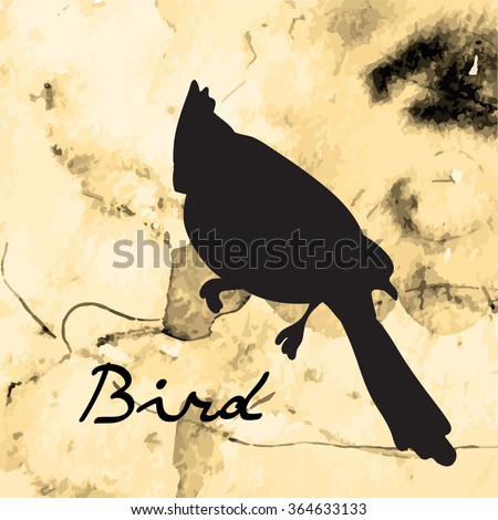 Silhouette bird vintage ink on a gold background. Lettering.