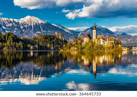 Amazing View On Bled Lake, Island,Church And Castle With Mountain Range (Stol, Vrtaca, Begunjscica) In The Background-Bled,Slovenia,Europe Royalty-Free Stock Photo #364645733